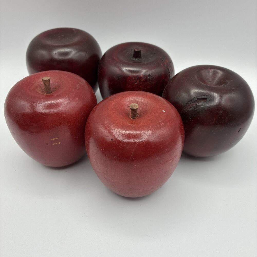 Handcarved Vintage Wooden Red Apples Set Of 5
